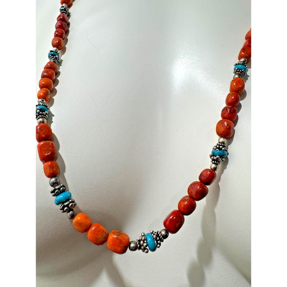 Coral Turquoise Beaded Necklace Sterling Silver Southwestern 28" Stone Natural - Picture 1 of 9
